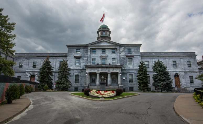 Front i podjazd budynku McGill University w Montrealu na tle szarego nieba